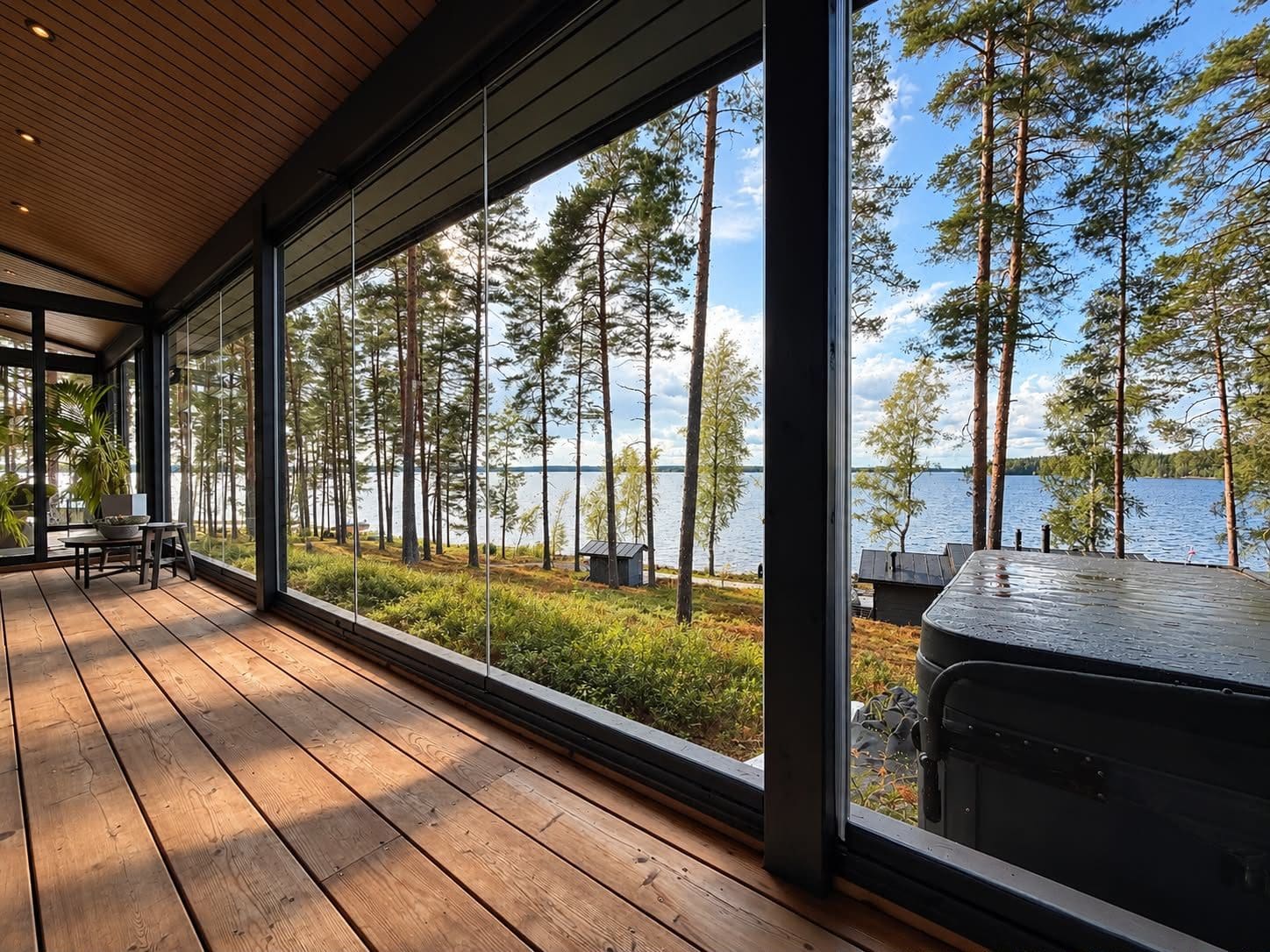 Lasitettu terassi paljuineen ja järvinäkymineen